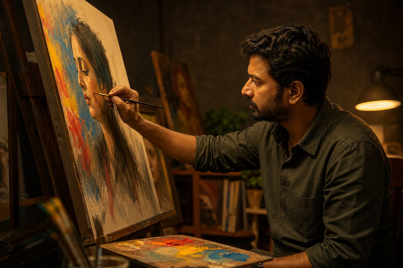 Adult artist painting at an easel in warm studio light