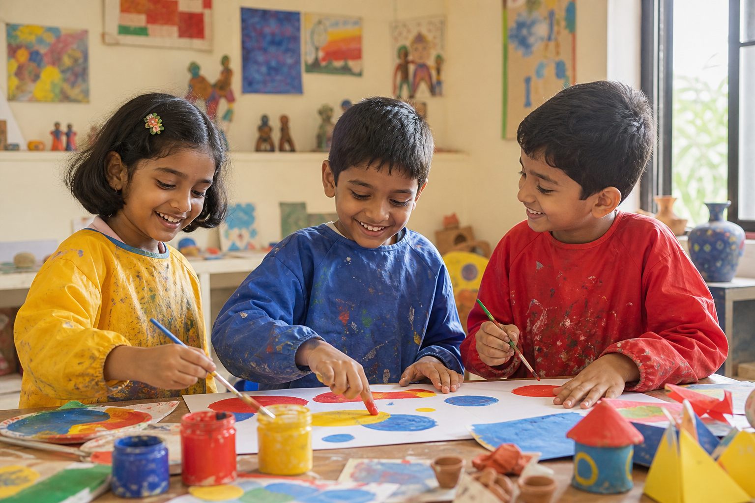 Children painting together in a bright art studio
