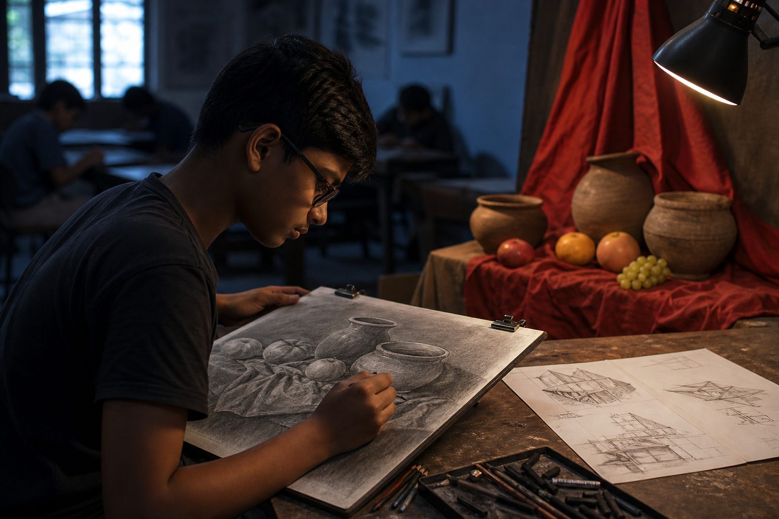 Teen student drawing with care at a studio table