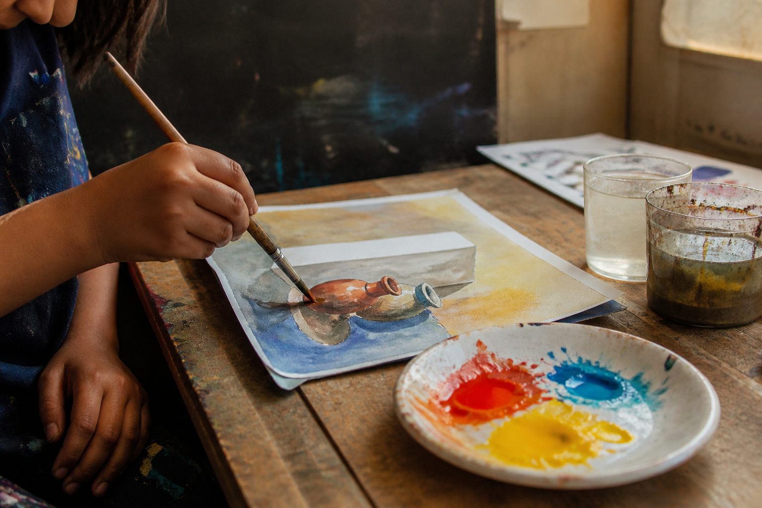 Hands painting in a studio with red, yellow and blue